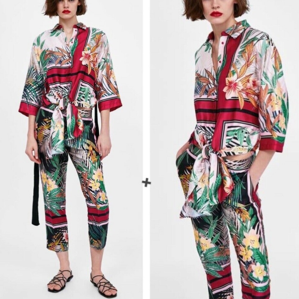 Zara tropical print button down robe dress